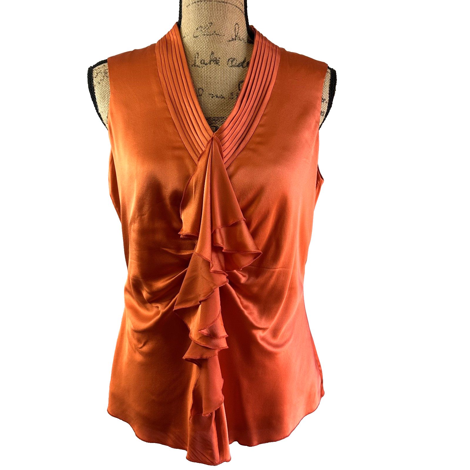 Eccoci Women Rust Ruffled Pleated V-Neck Silk Lined Sleeveless Top Blouse Sz 8